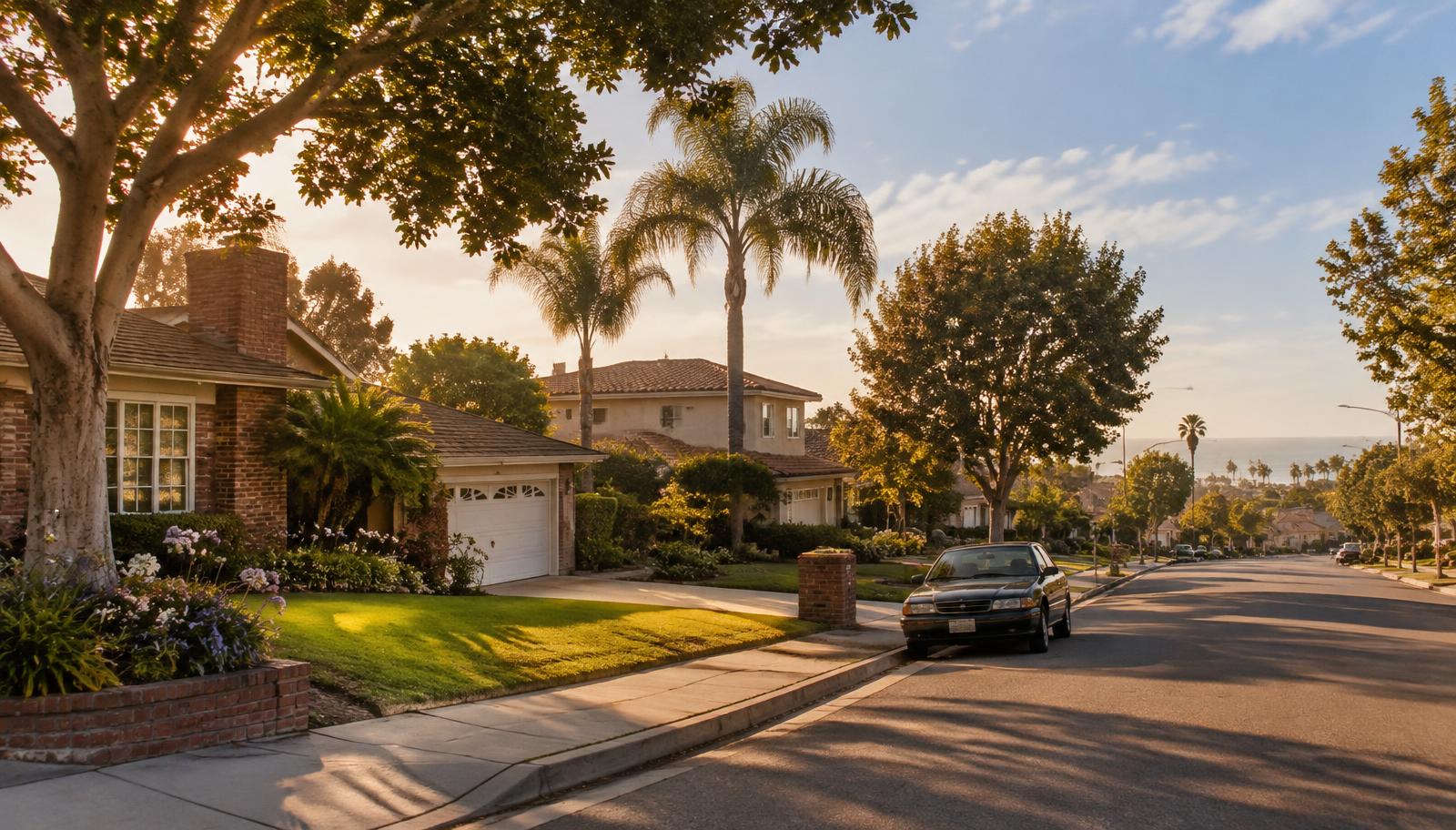A warm late-1990s Huntington Beach neighborhood street of established single-family homes under California afternoon light