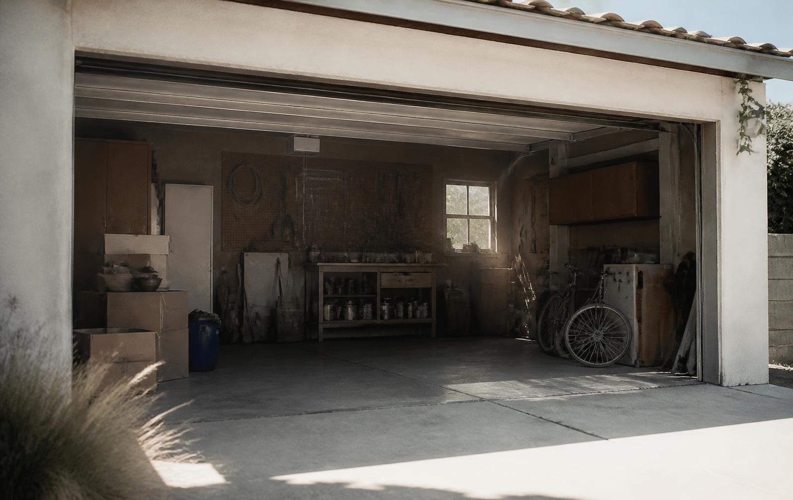 An open suburban garage with cardboard boxes, tools on pegboard and a bicycle