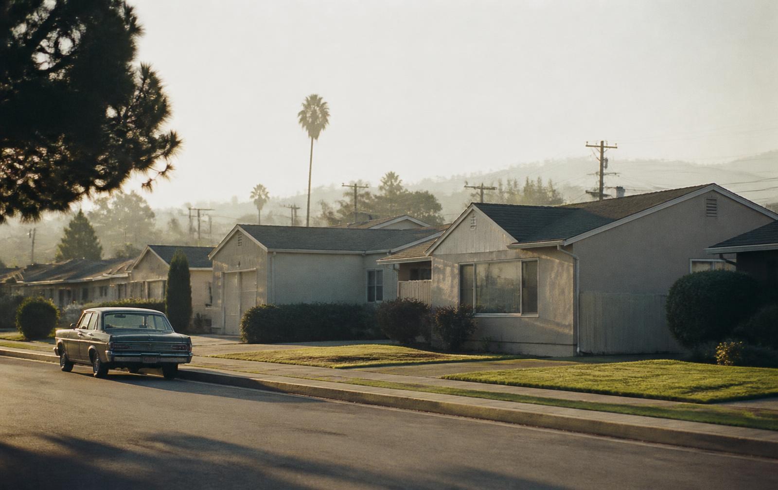 A quiet residential street of single-story California homes in morning haze