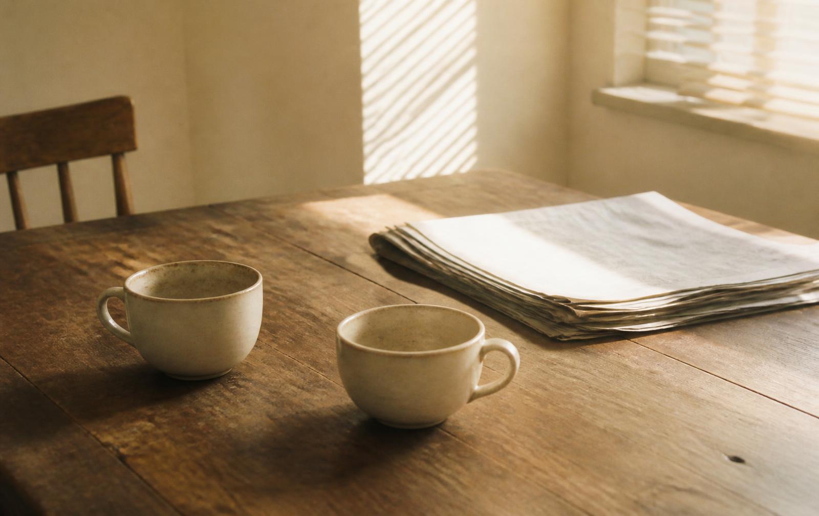 A worn wooden kitchen table with two cups and a folded newspaper in morning light